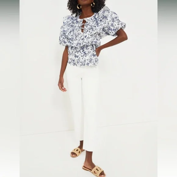 Tuckernuck Hyacinth House Navy Floral Ruffle Nadia Blouse Size Small NEW - Picture 3 of 11